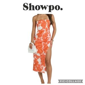 Showpo jacquard strapless cocktail midi dress orange white size 8 NWT $100